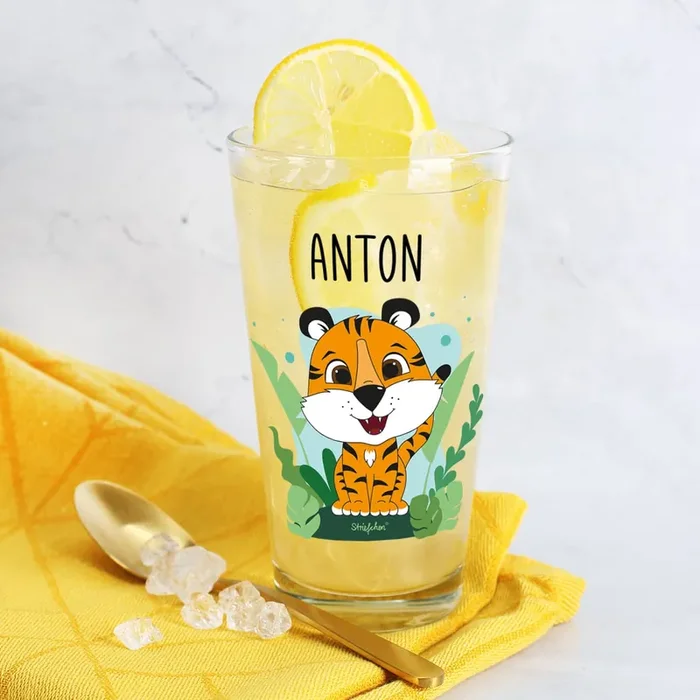 Trinkglas mit Tigermotiv und Namensaufdruck