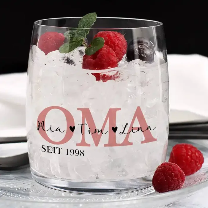 Wasserglas – Oma seit – mit Ihrem Wunschtext und einer Jahreszahl