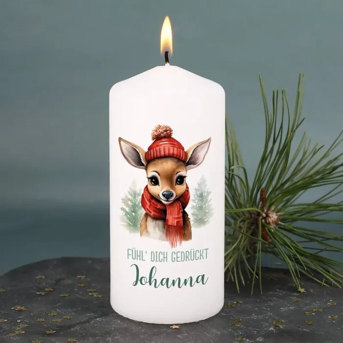Weihnachts-Kerze mit kleinem Rentier, Wunschtext & Name