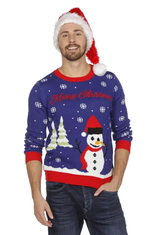 Weihnachtspullover Blau Mit Schneemann Unisex