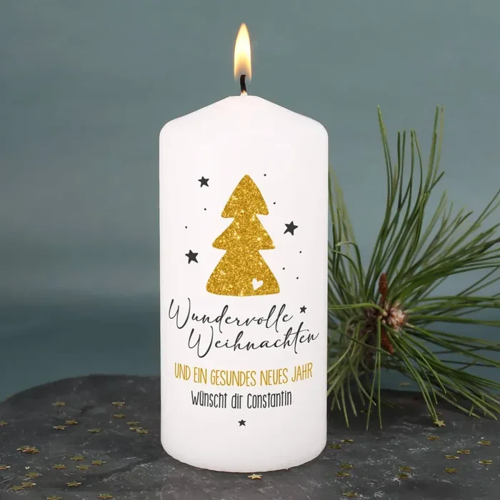Wundervolle Weihnachten und ein gesundes neues Jahr – Kerze mit Ihrem Text bedruckt