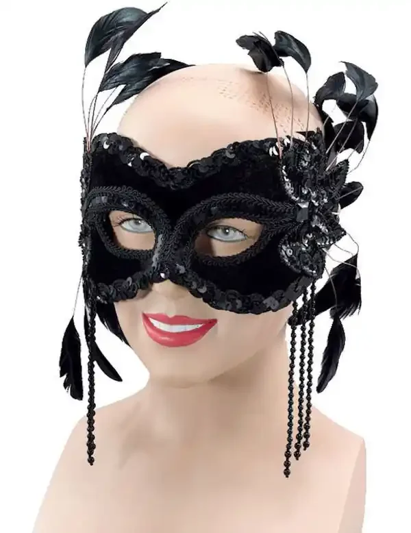 Zwart Masker Fluweel Met Veren Vrouw